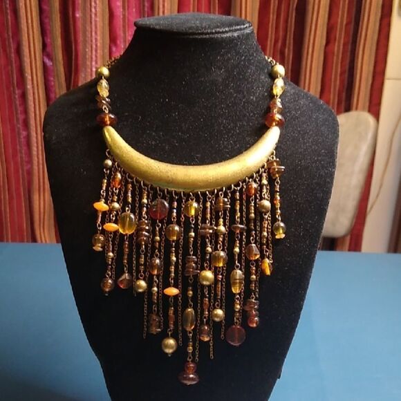 Source Unknown Jewelry - Elegant Gold and Brown Chain/Beaded Statement Necklace Boho Granny Chic